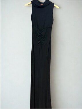 Black Sleeveless Mock Neck Maxi Dress Ruched Waist Gown